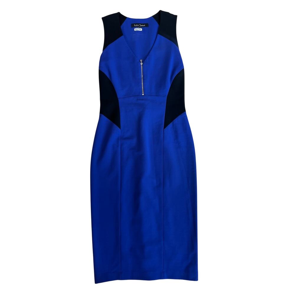 Lida Baday Blue Black Colorblock Sheath Midi Dress Size S/P